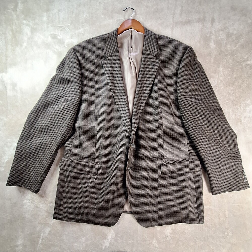 Chaps Sports Coat Men's 48R Brown Wool Houndstooth Single Breasted Ralph Lauren